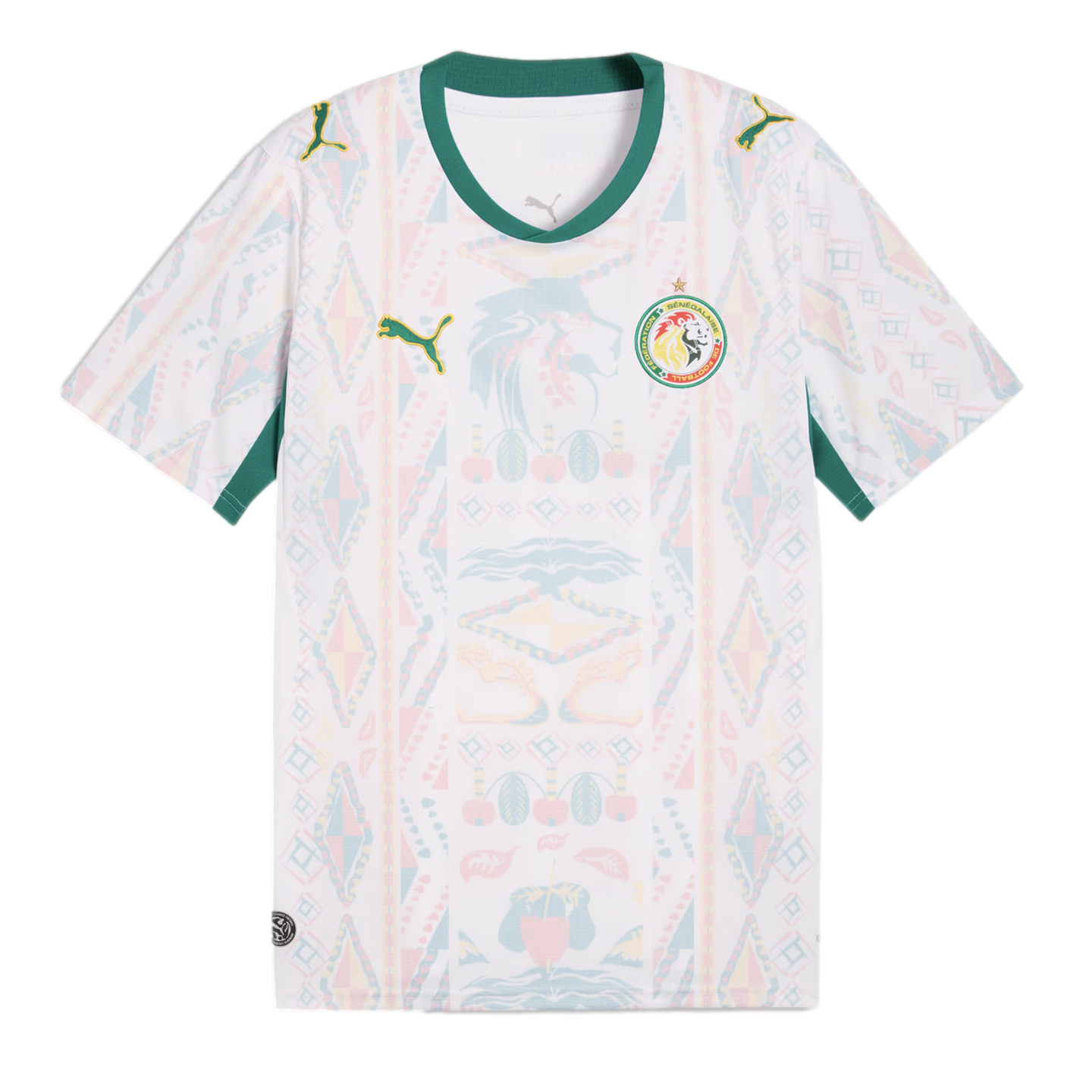 A white Senegal national football team away jersey featuring a green V-neck collar and sleeve trim. The shirt has a faint, multi-colored geometric and lion-head pattern across the front, with the Puma logo on the right chest and the Senegalese football federation crest on the left.
