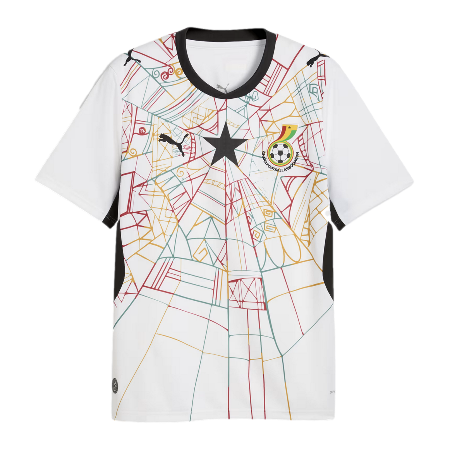 A white Ghana national football team jersey with a black round collar and black side panels. The front features an intricate, colorful geometric pattern resembling a spiderweb in red, yellow, and green. A large black five-pointed star is centered on the chest, flanked by a black Puma logo on the right and the Ghana Football Association crest on the left. The sleeves are solid white.
