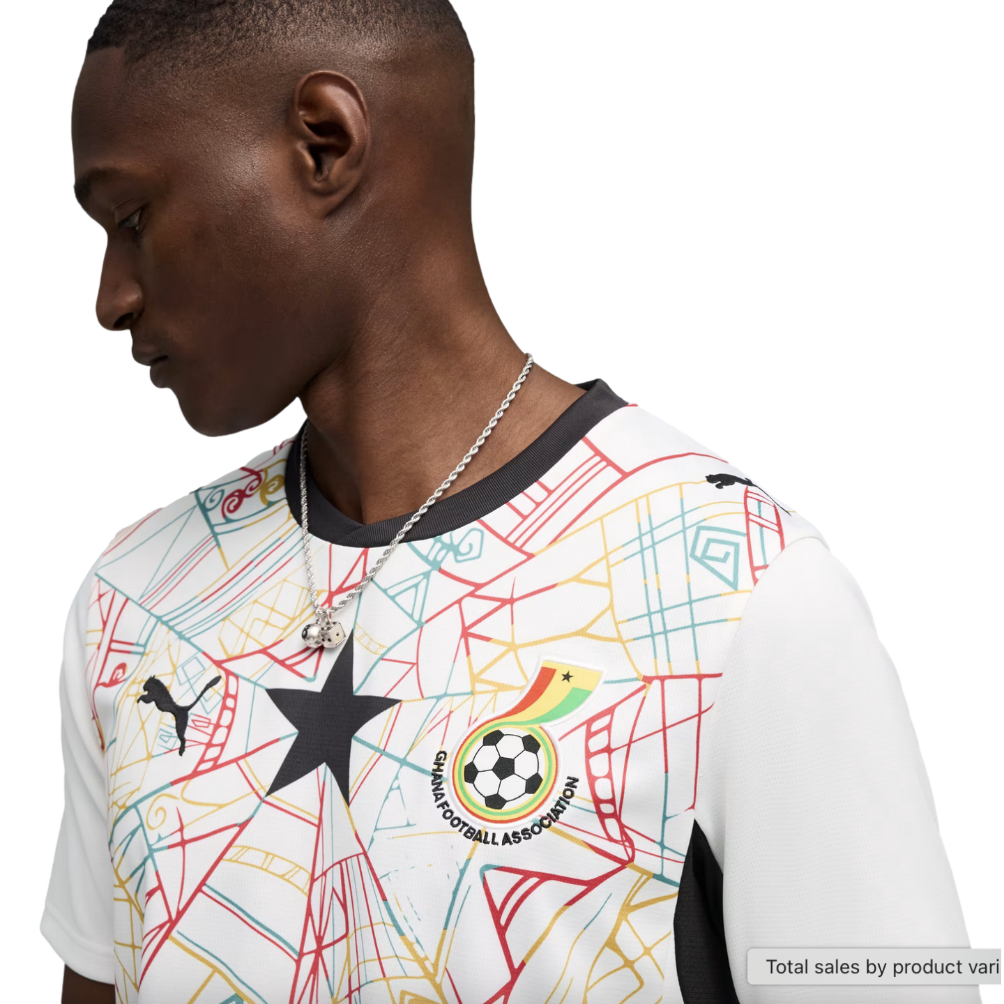 A side profile of a Black man wearing a white Ghana national team soccer jersey. The jersey features a colorful geometric pattern, a large black star in the center, and the Ghana Football Association crest. He is wearing a silver chain and looking downwards against a solid black background.