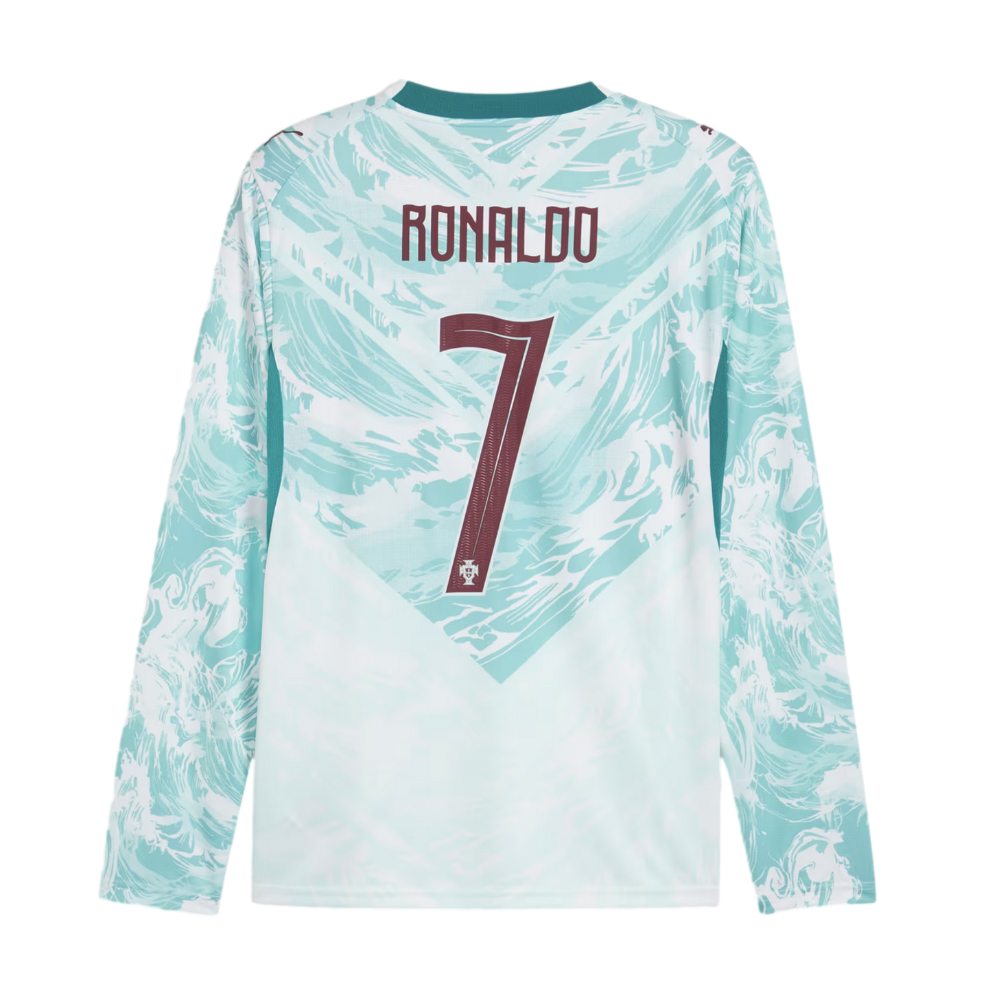 The back of a long-sleeved soccer jersey featuring a light teal and white marble pattern on the upper half and sleeves, and solid white on the lower half. The name "RONALDO" and the number "7" are printed in maroon on the back. A small national team crest is at the base of the number.