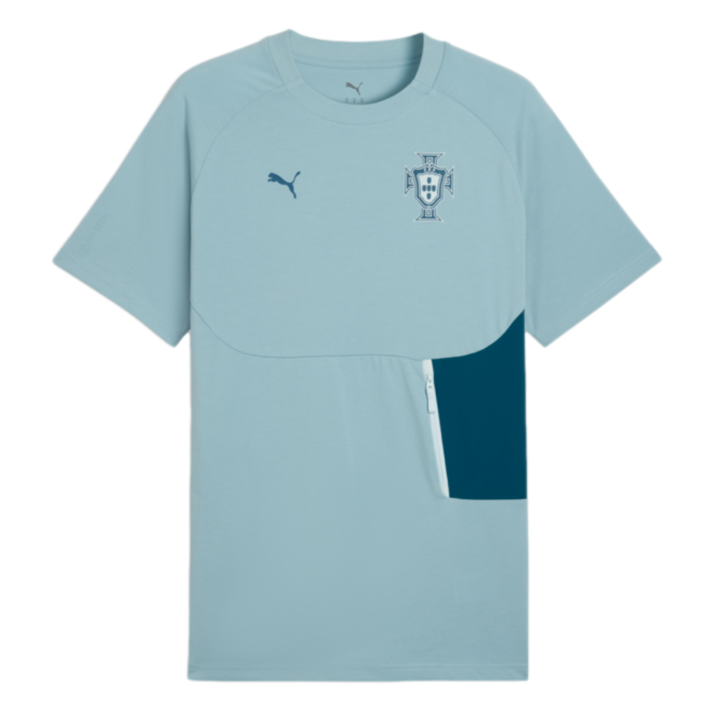 A light blue, short-sleeved Puma sports t-shirt featuring the Portugal national team crest on the left chest and a dark blue Puma logo on the right. It includes a dark teal side panel on the lower right with a vertical white zipper.