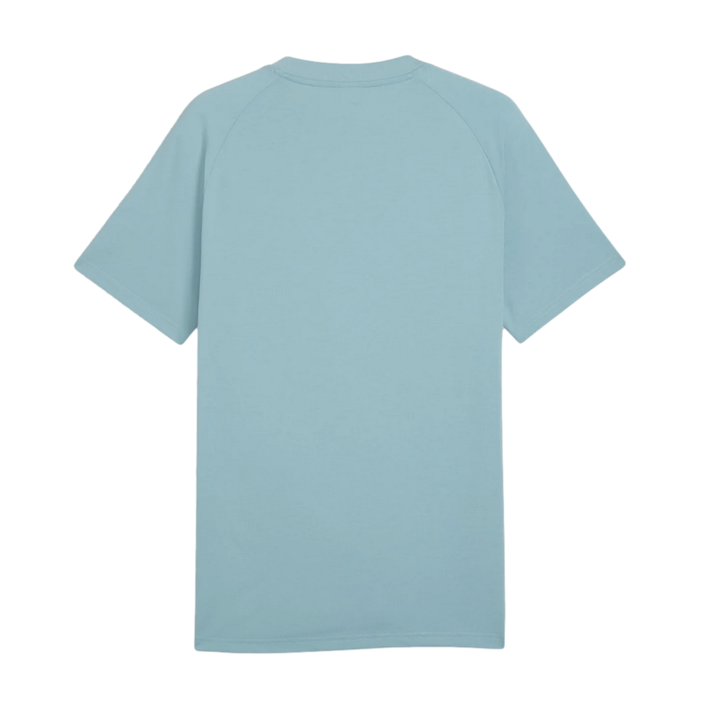 A back view of a light blue crew-neck t-shirt with raglan sleeves, isolated on a solid black background.