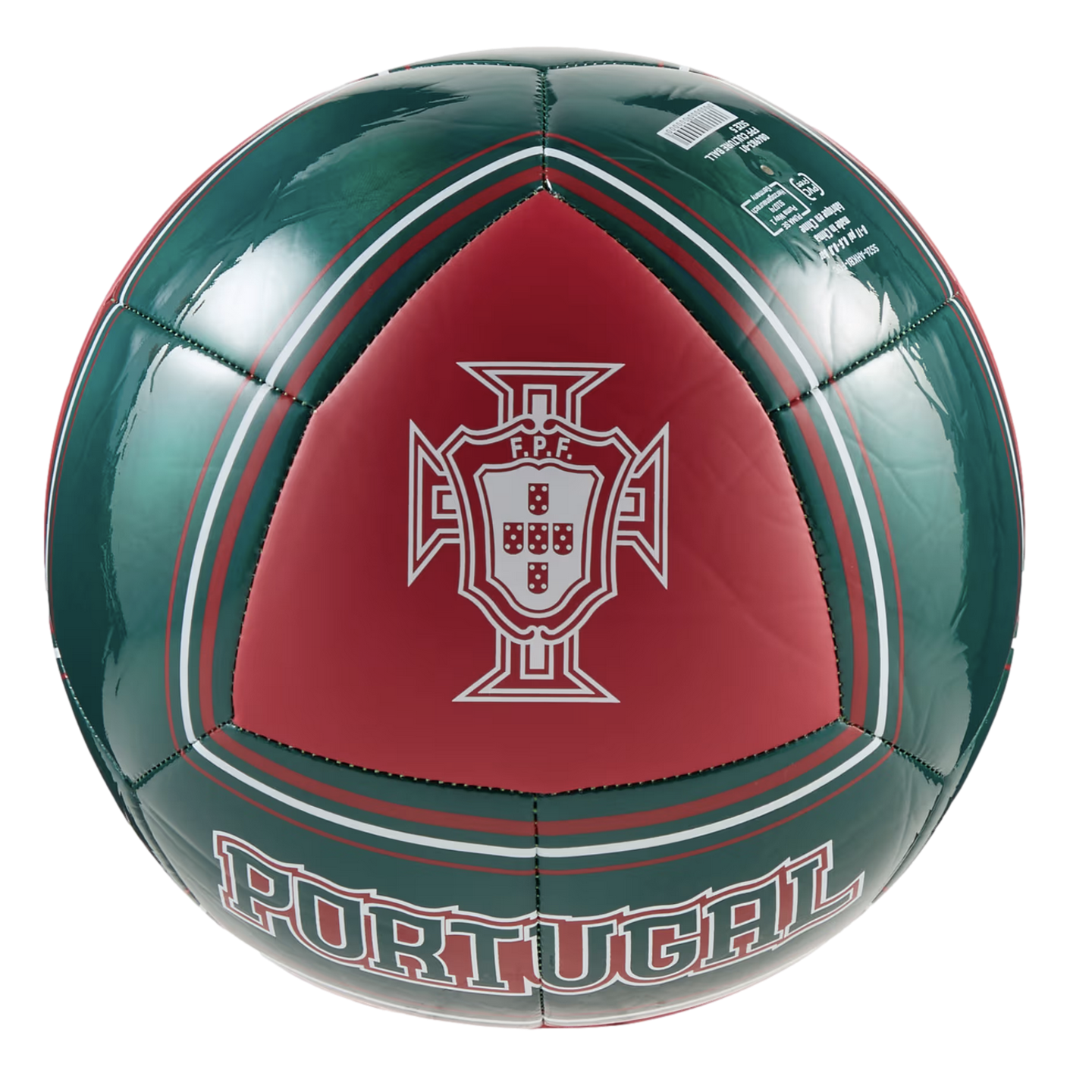 A glossy soccer ball featuring the colors and logo of the Portuguese national football team. The ball is primarily dark green with a prominent red triangular panel in the center. This panel features the white logo of the Portuguese Football Federation (FPF). The word "PORTUGAL" is printed in large, stylized, outlined letters across the bottom of the ball. The entire ball is set against a plain black background.