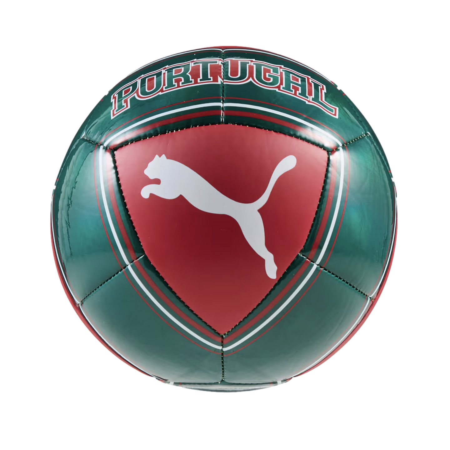 A glossy green and red soccer ball featuring the word "PORTUGAL" in block letters across the top and a large white Puma logo centered in a red triangular panel.