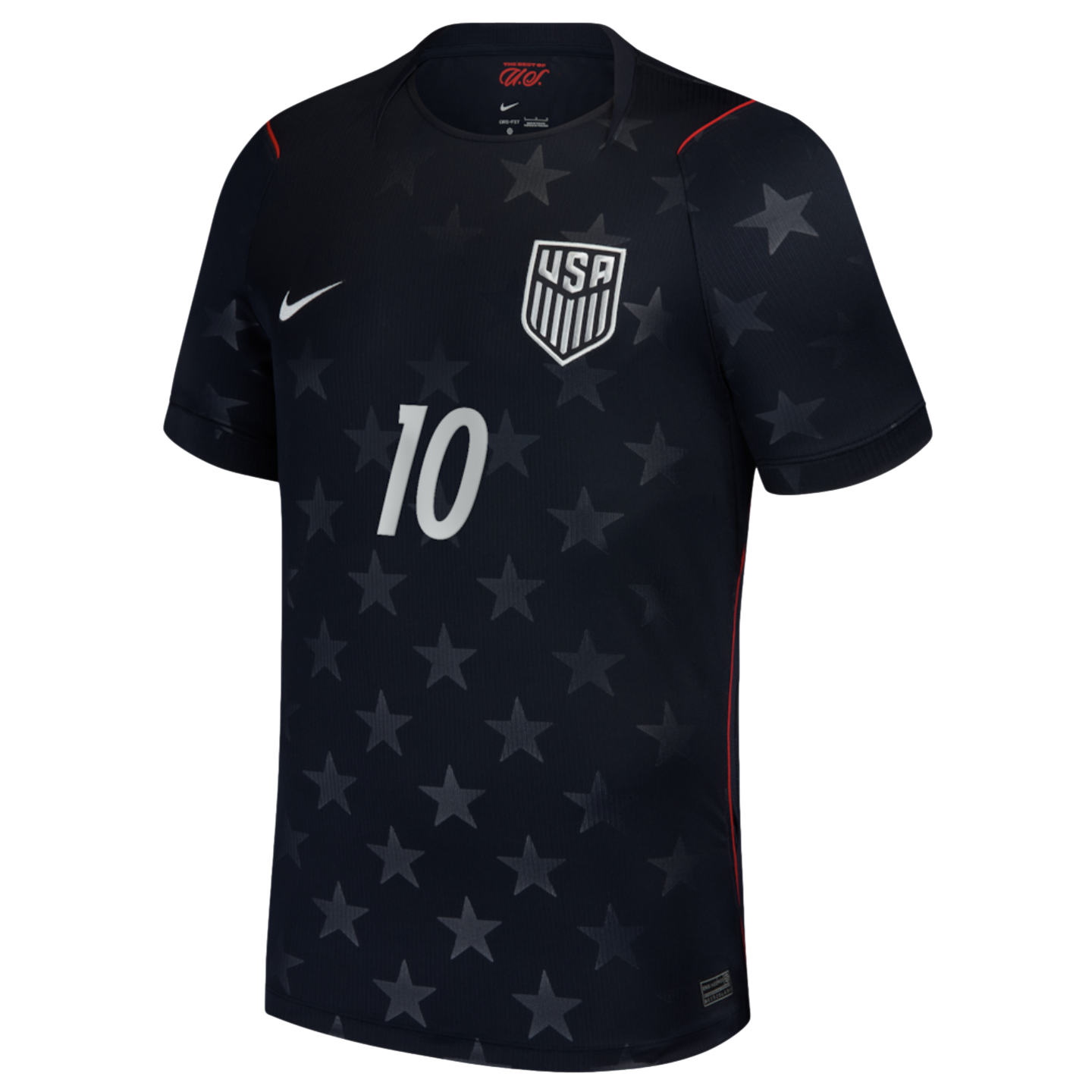 A black USA national team soccer jersey featuring a subtle all-over tonal star pattern. The jersey has a white Nike swoosh on the right chest, the USA national team crest on the left, and a white number 10 in the center. Thin red accents are visible along the shoulders and sides.
