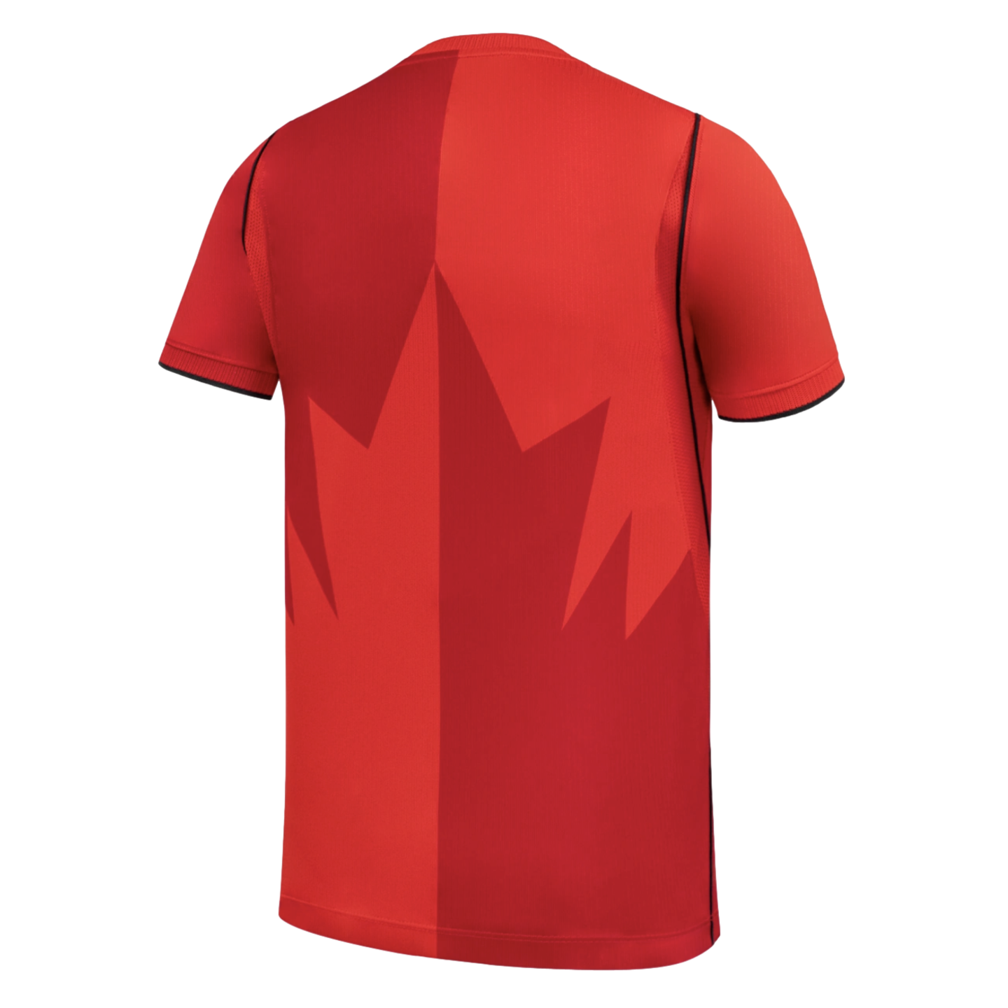 The back of a short-sleeved red athletic jersey against a solid black background. A large, stylized maple leaf design spans the back, split vertically with contrasting shades of lighter and darker red on either side. Thin black lines trim the sleeve cuffs and side seams.