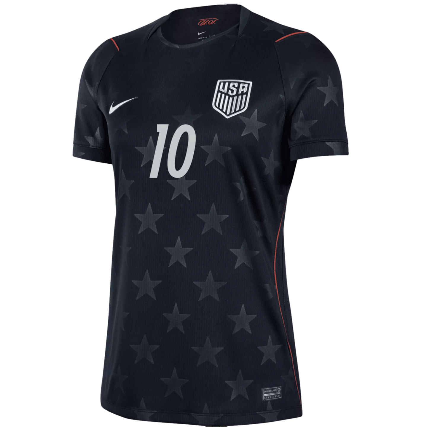 Black Nike USA soccer jersey with an allover tonal grey star pattern, featuring the team crest and a white number 10 on the front.