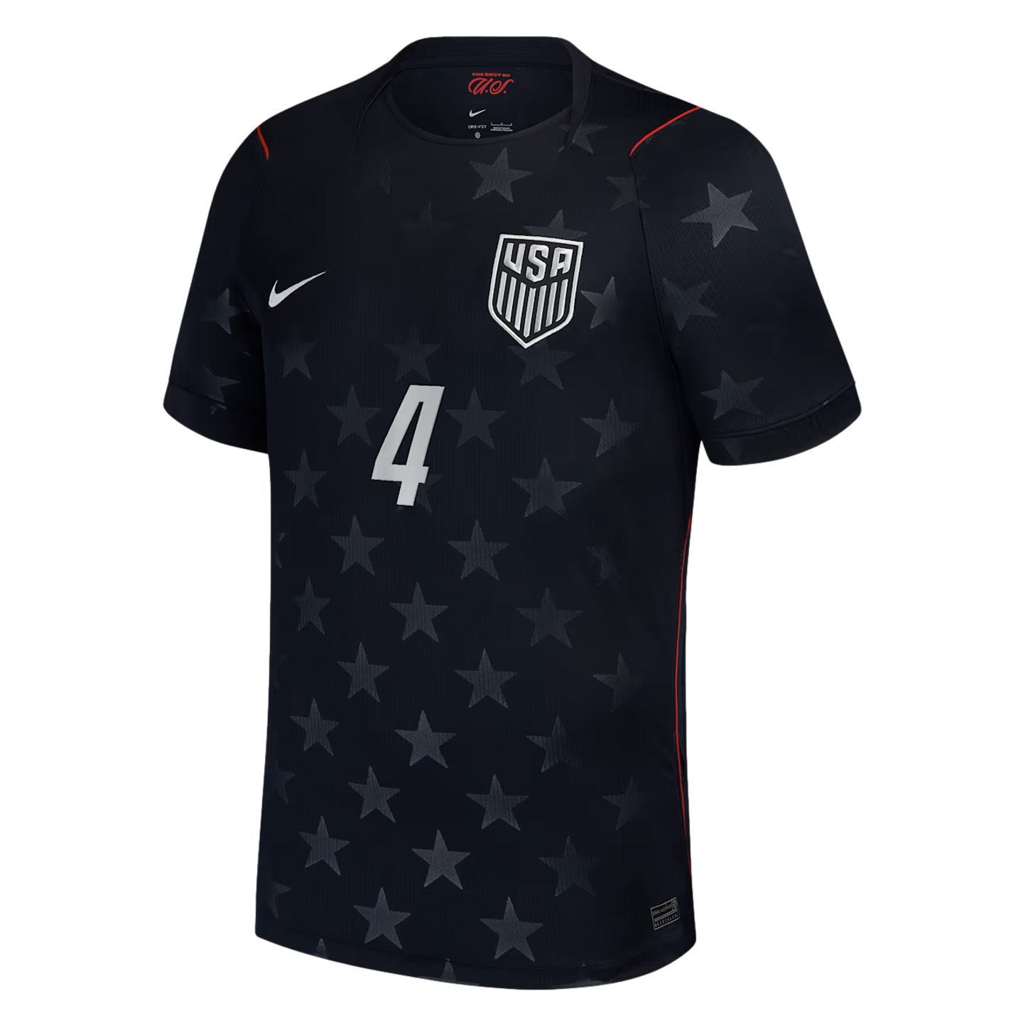 A navy blue USA soccer jersey featuring an all-over grey star pattern, a white crest, and the number 4 on the front.
