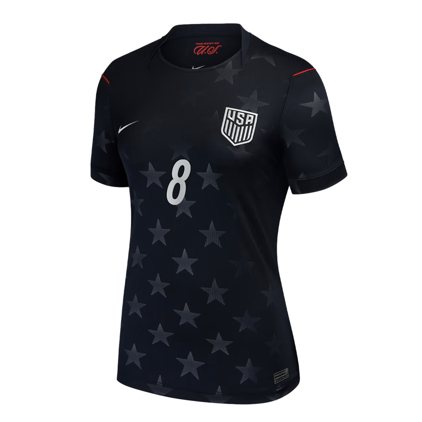 A black Nike USA soccer jersey with a tonal grey star pattern across the front and sleeves. It features a white number 8 in the center and the official USA crest on the left chest.