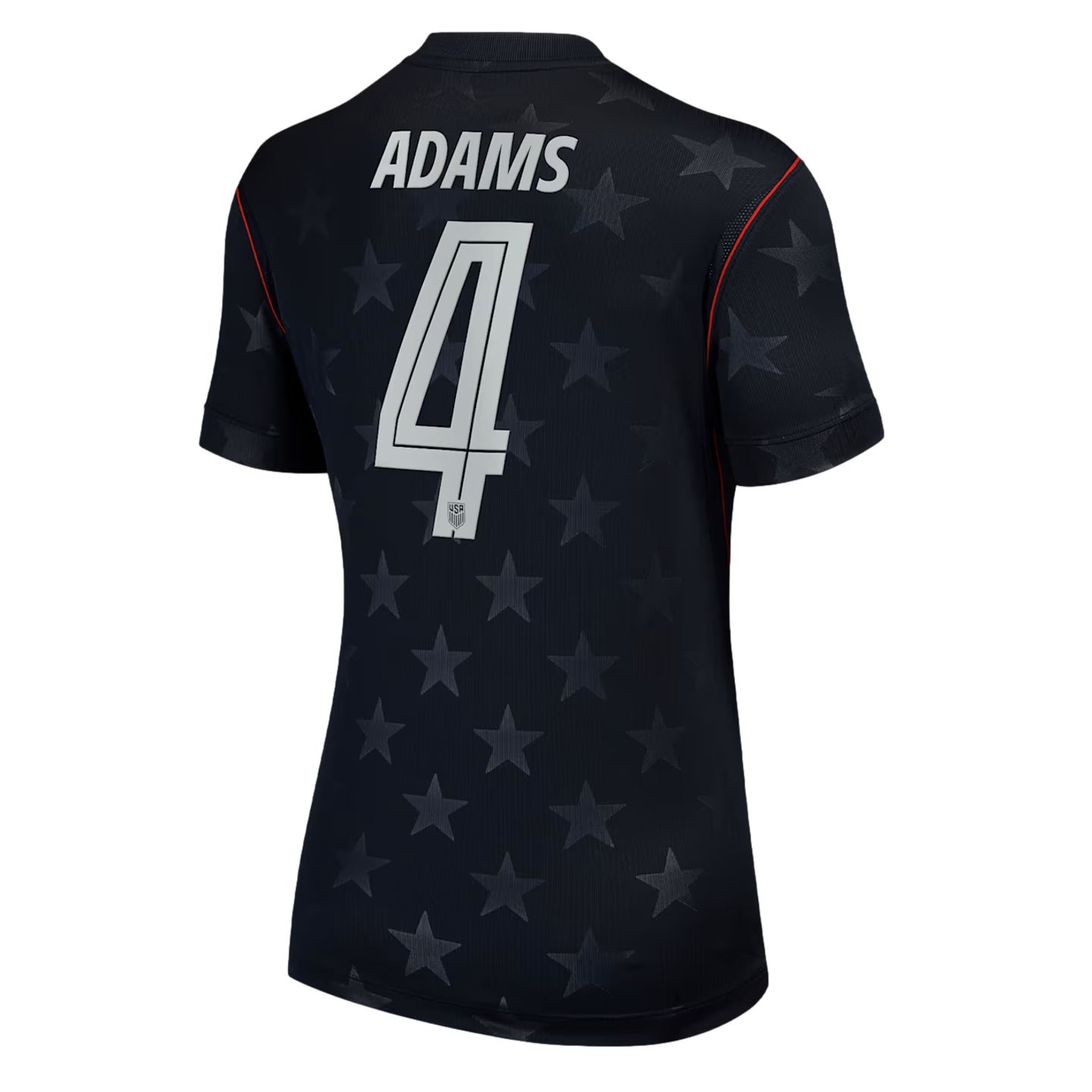 Back view of a navy blue soccer jersey with "ADAMS" and "4" in white over a sublimated star pattern, featuring thin red piping on the shoulders.