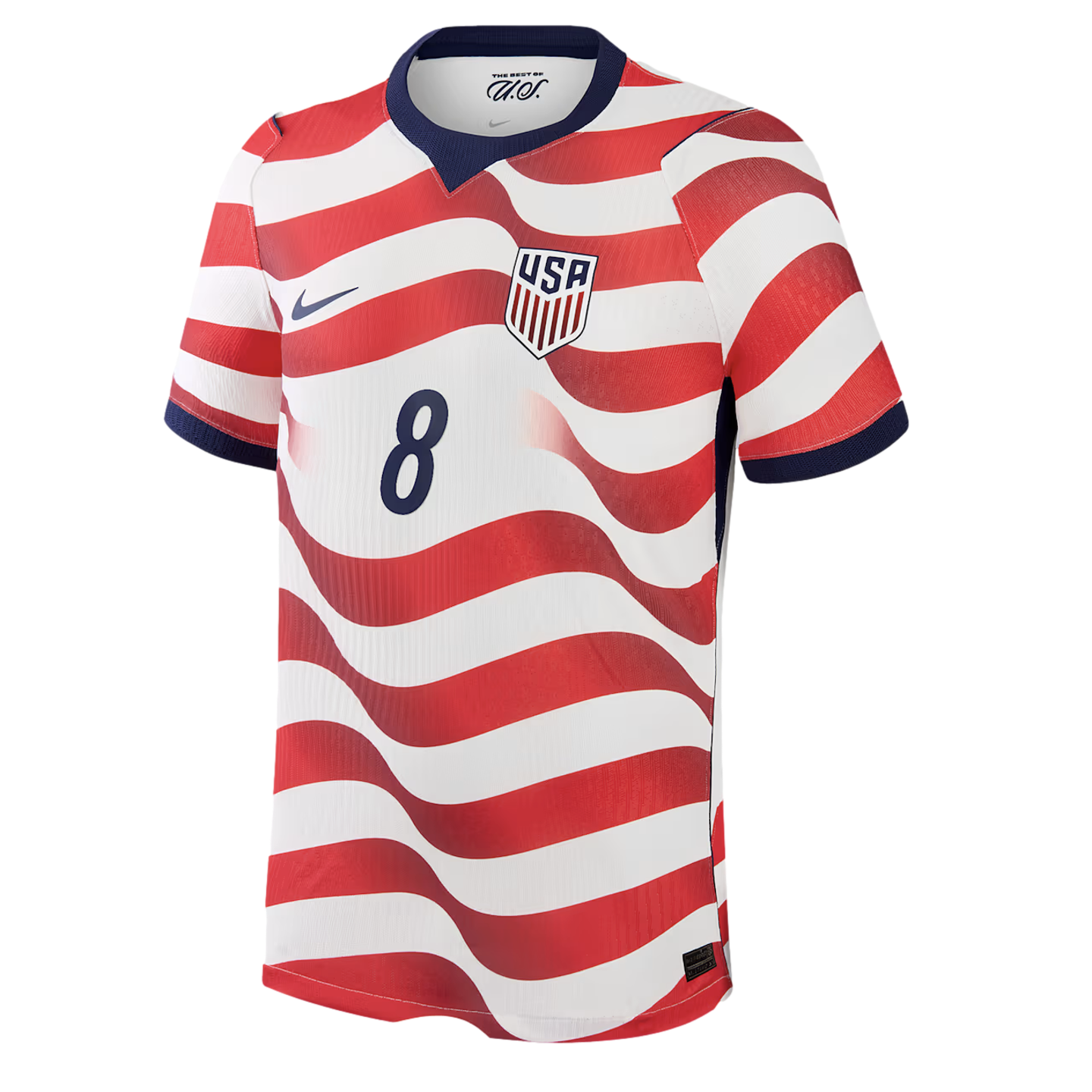 A Nike USA soccer jersey with wavy red and white horizontal stripes, featuring the number 8 in navy blue on the front. The jersey has a navy blue collar and sleeve cuffs, with the U.S. soccer federation crest on the chest.