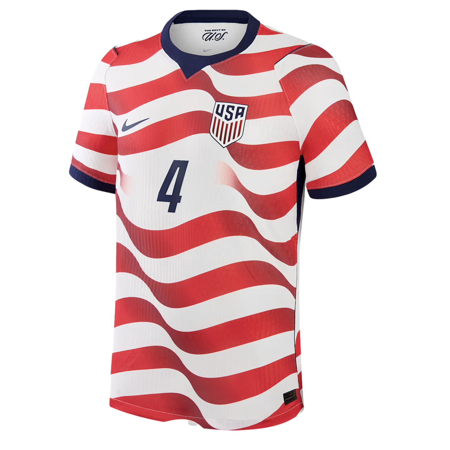 A front view of a United States national team soccer jersey featuring wavy red and white horizontal stripes, a navy blue collar and cuffs, and a large navy blue number 4 on the chest.