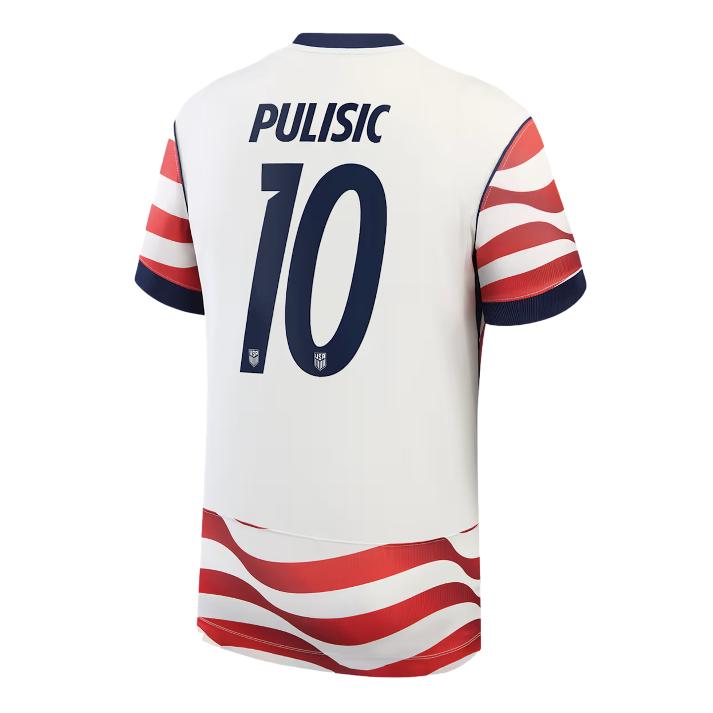 A back view of a white soccer jersey with the name "PULISIC" and number "10" printed in navy blue. Wavy red and white stripes wrap around the sleeves and bottom hem, and the collar and cuffs are navy blue.