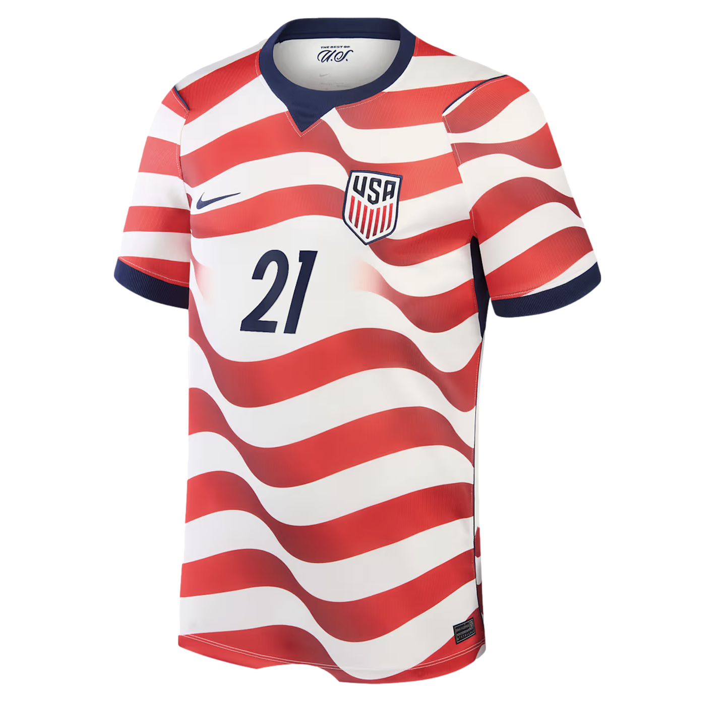 A red and white wavy-striped soccer jersey for the USA national team. It features a dark blue Nike swoosh on the right chest, the USA soccer crest on the left chest, and the number 21 in blue in the center. The collar and sleeve cuffs are also dark blue.