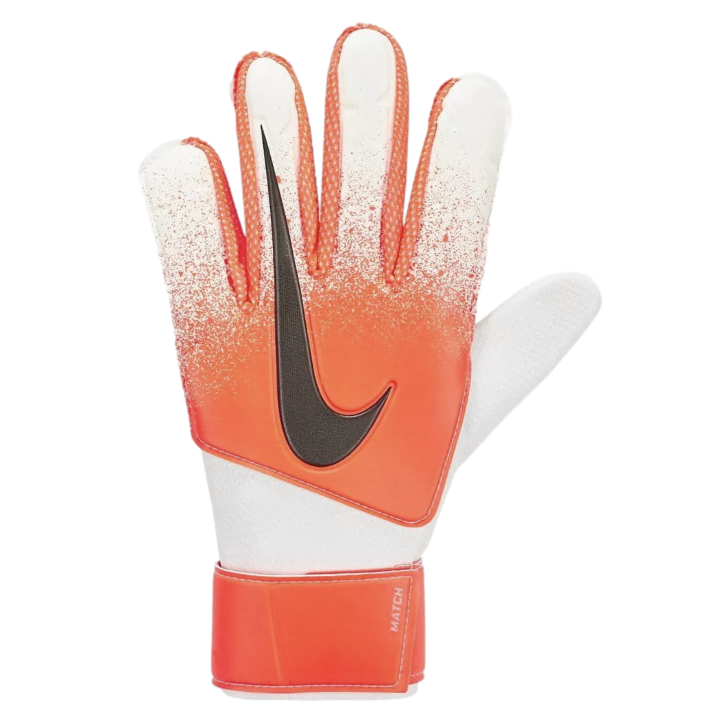 A Nike goalkeeper glove with a bright orange and white speckled design, a large black Nike Swoosh on the backhand, and an orange wrist strap with "MATCH" printed on it.
