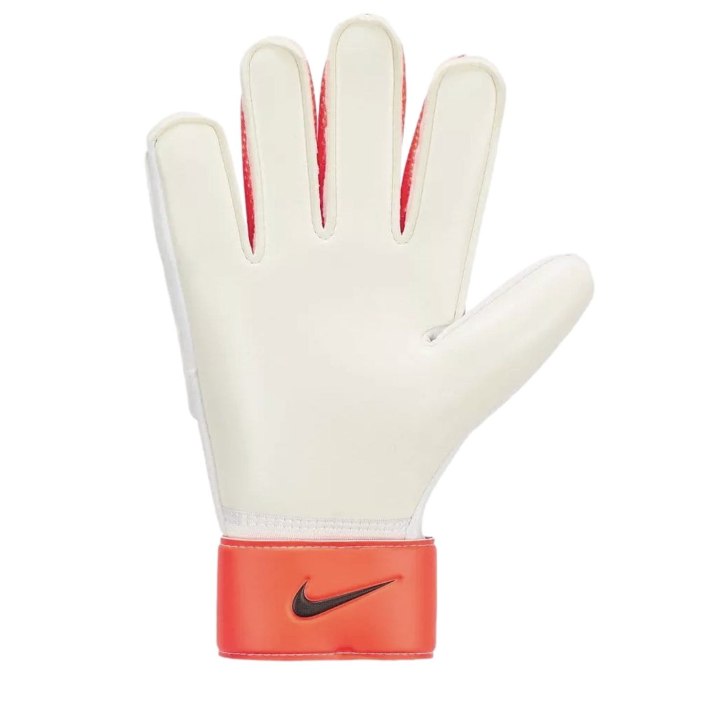 A white Nike goalkeeper glove with a bright red wrist strap featuring a black swoosh logo, shown from the palm side against a black background.