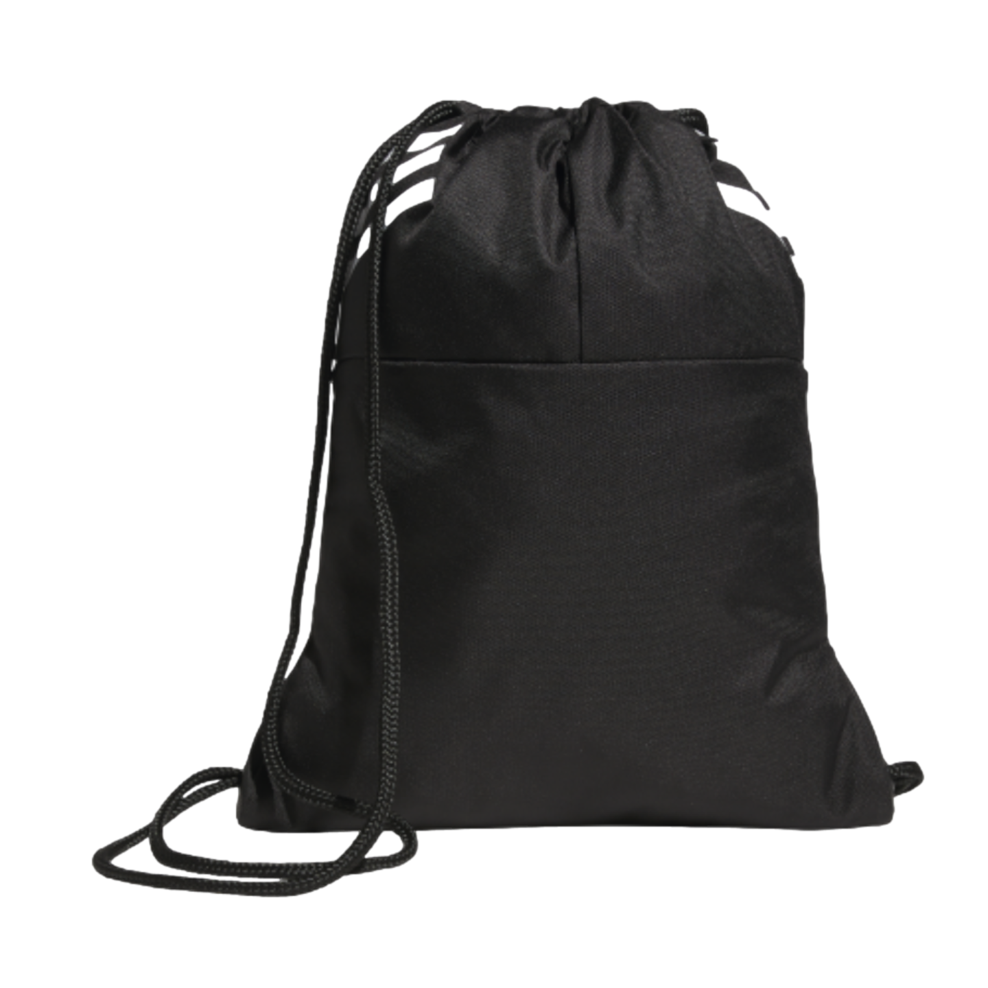 A black drawstring cinch bag with a horizontal front seam, set against a solid black background.