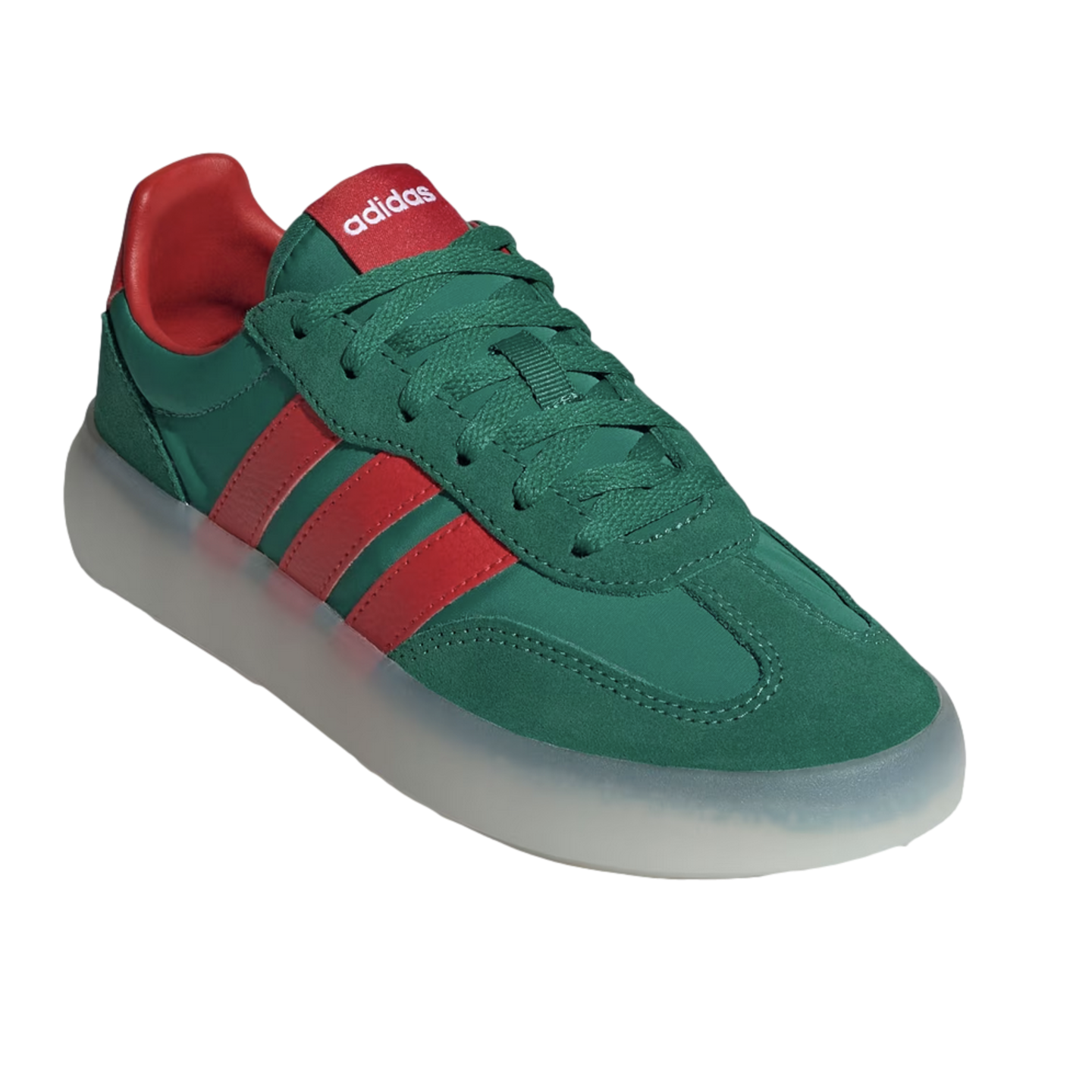 A three-quarter view of a dark green suede Adidas sneaker with three red leather stripes and a thick, translucent white sole, set against a solid black background.