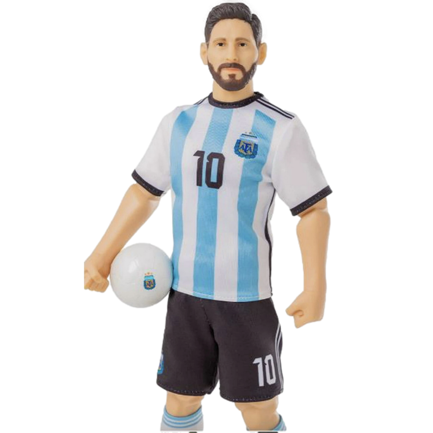 An action figure of soccer player Lionel Messi in an Argentina national team kit, holding a white soccer ball under his right arm against a black background. He is wearing a blue and white striped jersey with the number 10 and the team's crest, along with black shorts.
