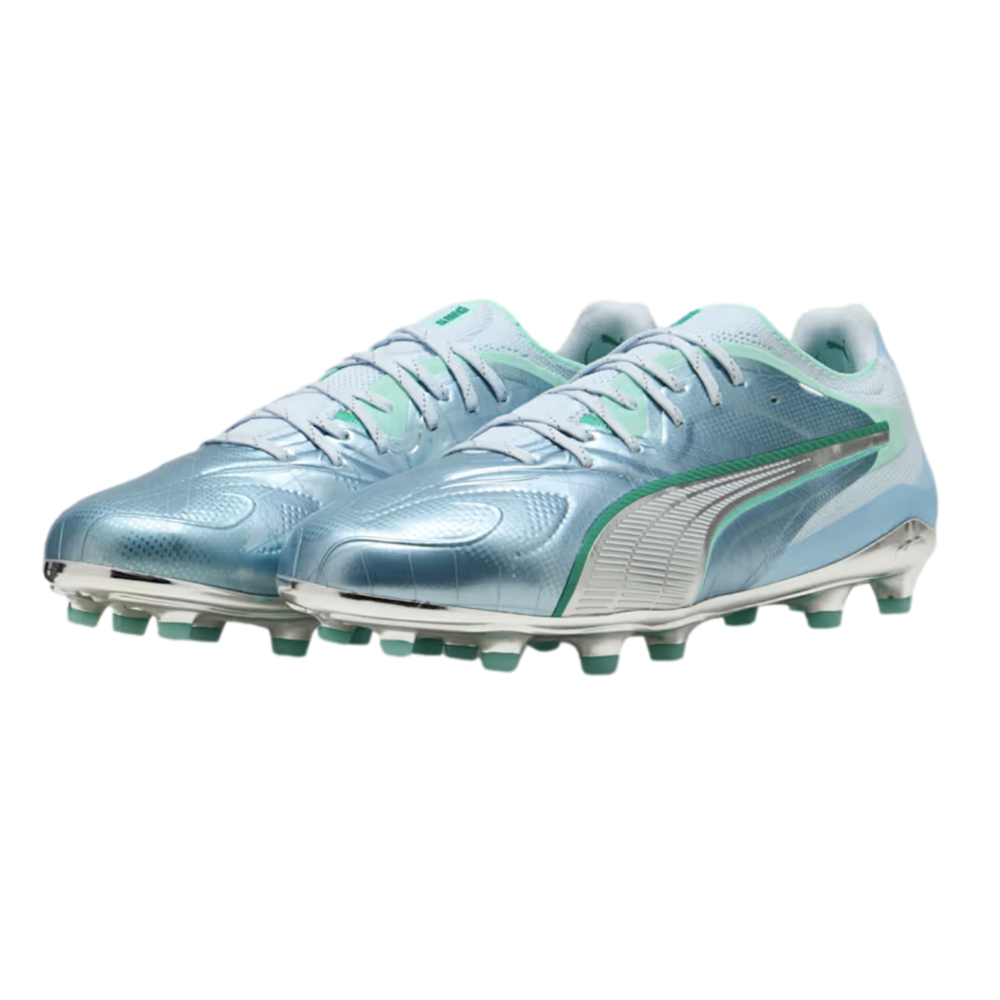 A pair of light blue and metallic silver Puma soccer cleats with mint green accents, shown against a solid black background.
