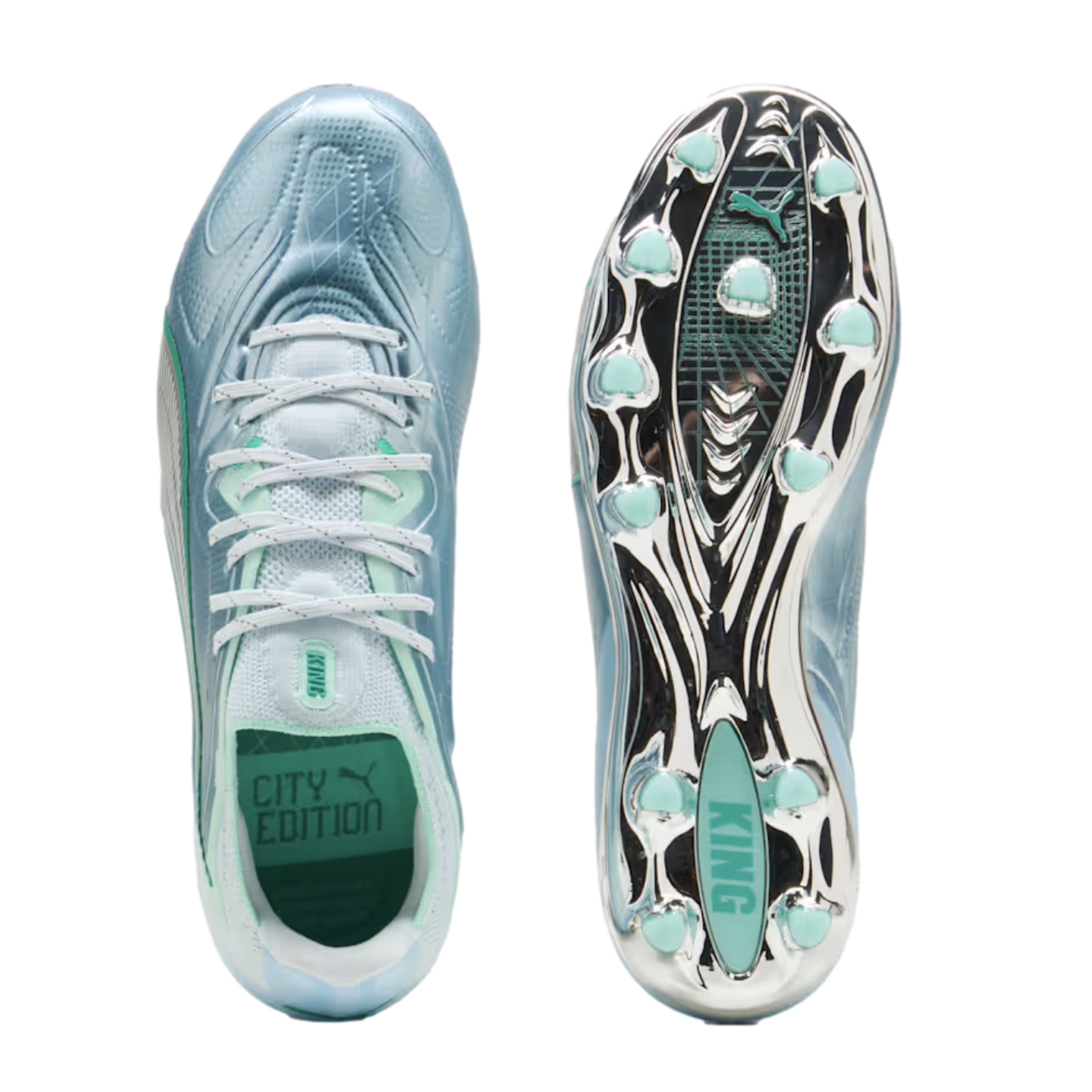 Top and sole views of Puma King "City Edition" soccer cleats in metallic light blue with mint green accents and chrome-finished soles.