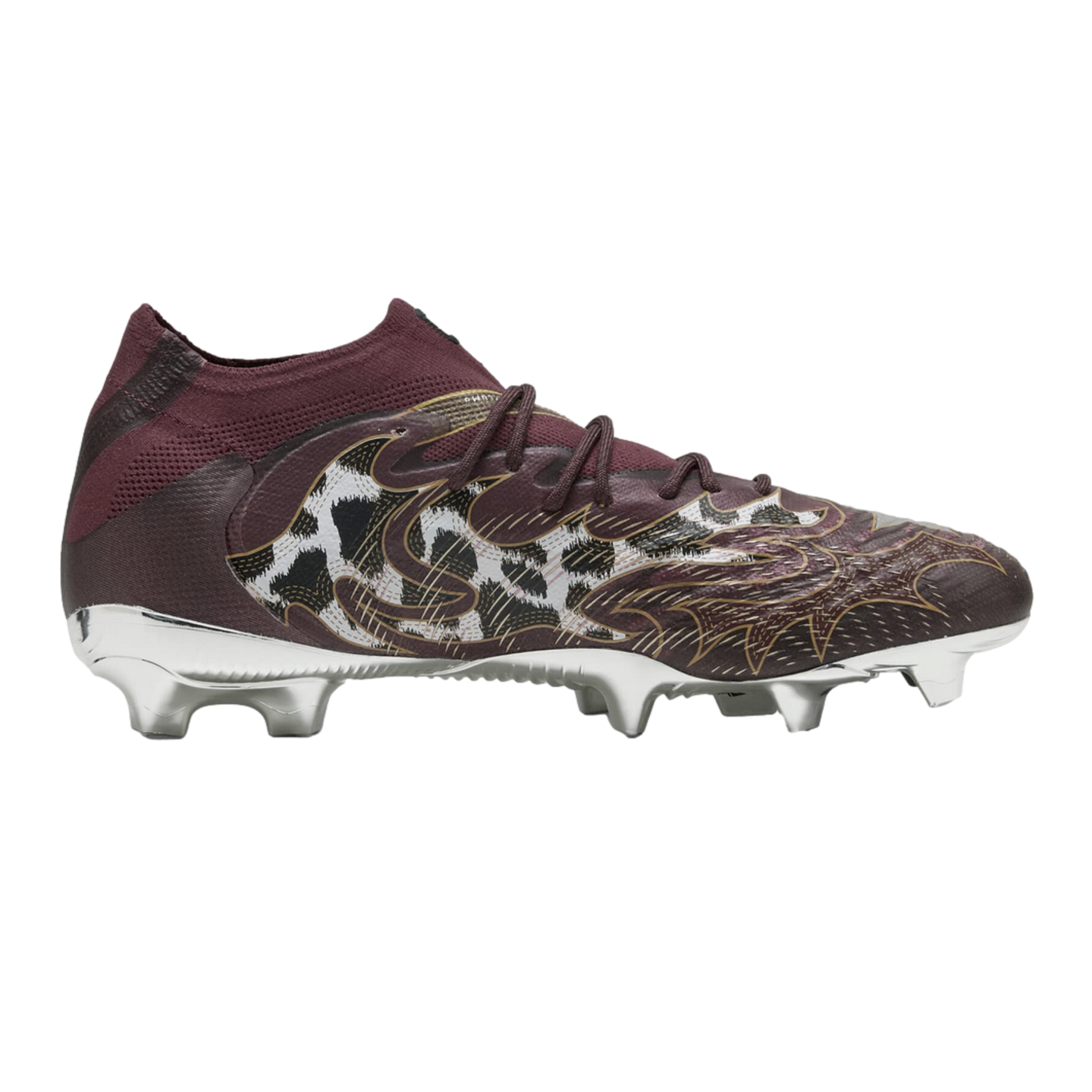 Side view of a burgundy soccer cleat with a metallic silver soleplate and a leopard-print flame design on its side.