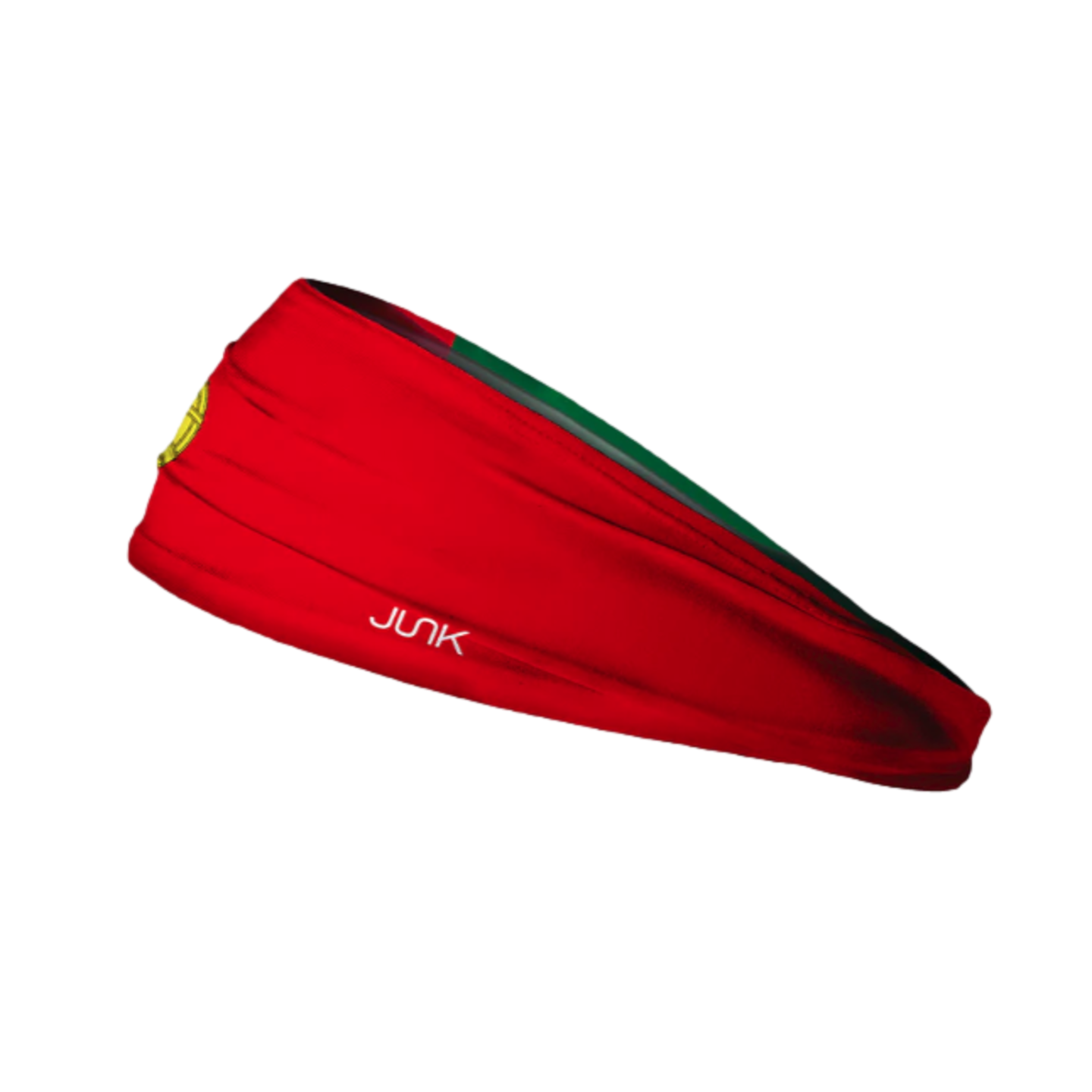 A red and green JUNK performance headband with a yellow emblem, styled like the Portuguese flag, on a black background.