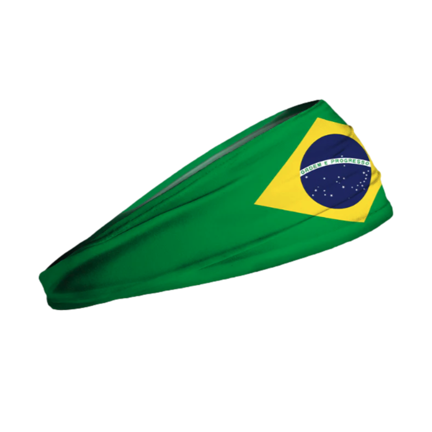 A green fabric headband featuring the Brazilian flag design, including its yellow diamond and blue globe, shown diagonally against a black background.