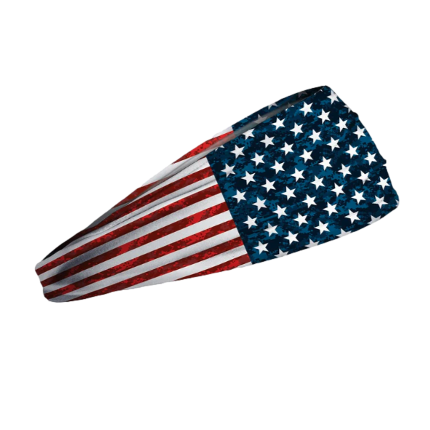 A headband featuring a distressed American flag design with red and white stripes and white stars on a blue background, shown at an angle against a black backdrop.