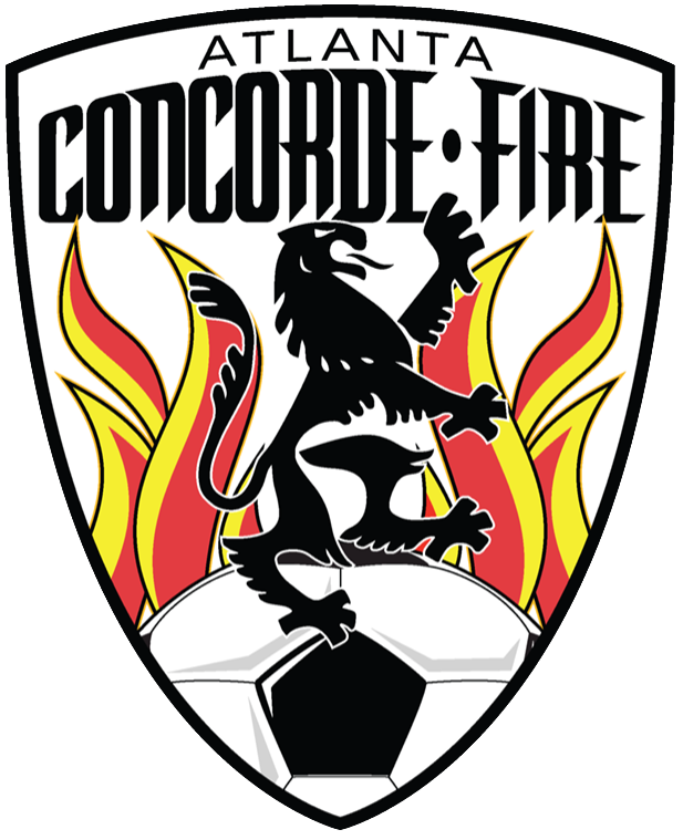 Shield-shaped logo for Atlanta Concorde Fire soccer club, featuring a black lion on a soccer ball with stylized red and yellow flames in the background.
