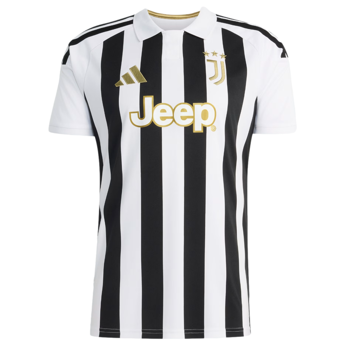 A Juventus home soccer jersey featuring black and white vertical stripes, gold Adidas and Jeep logos, and a white polo collar.