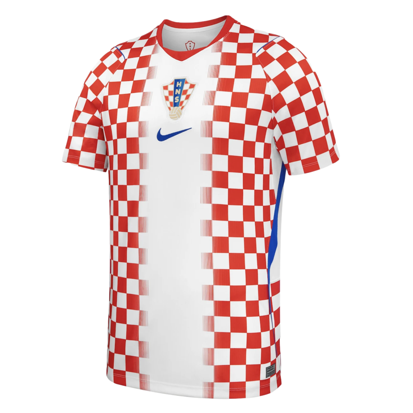 A Nike-branded Croatia national soccer jersey featuring a central white panel flanked by red and white checkerboard patterns on the sides and sleeves, with blue accents and the team crest.