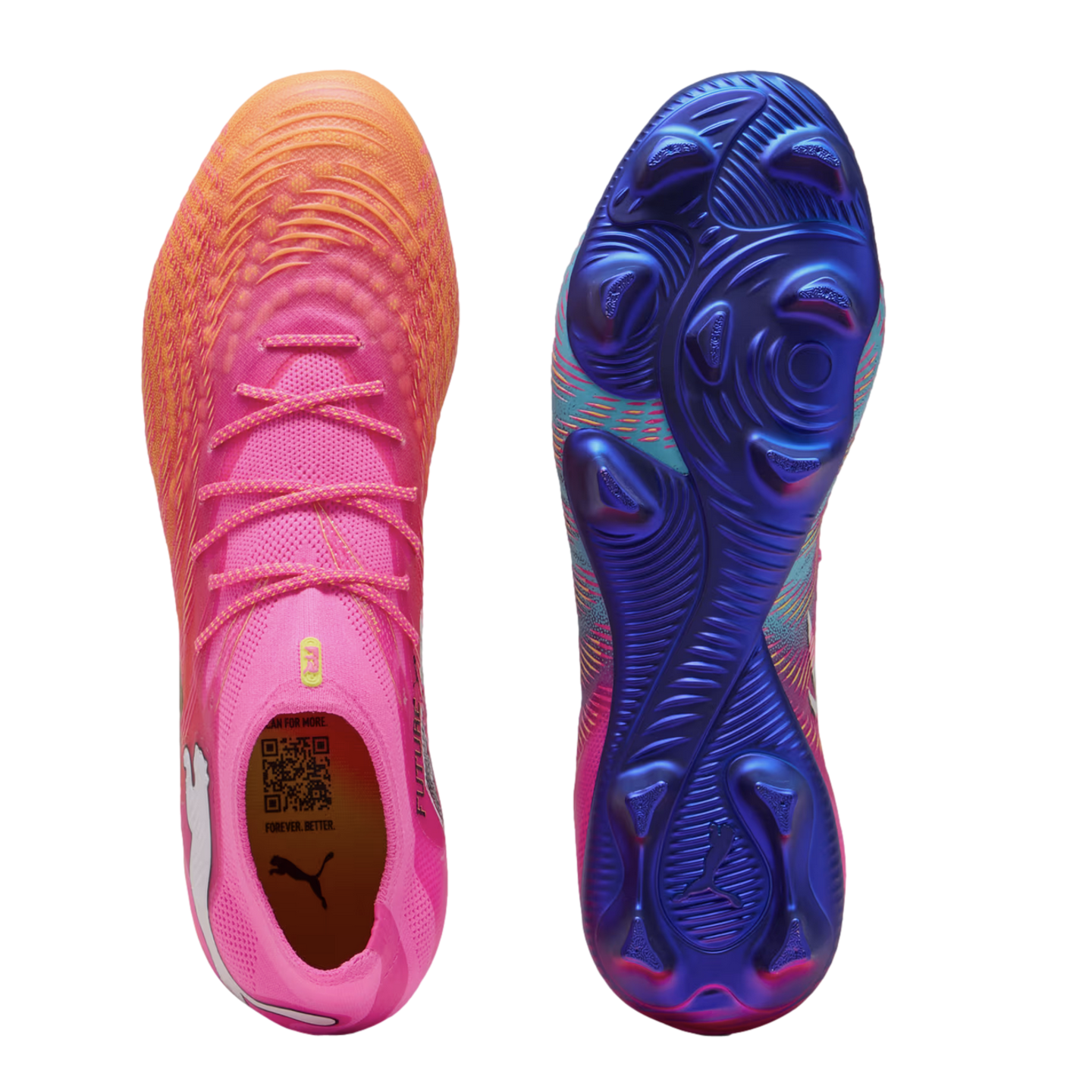 Top and bottom views of a Puma soccer cleat featuring a pink and orange gradient upper and a metallic blue studded outsole.