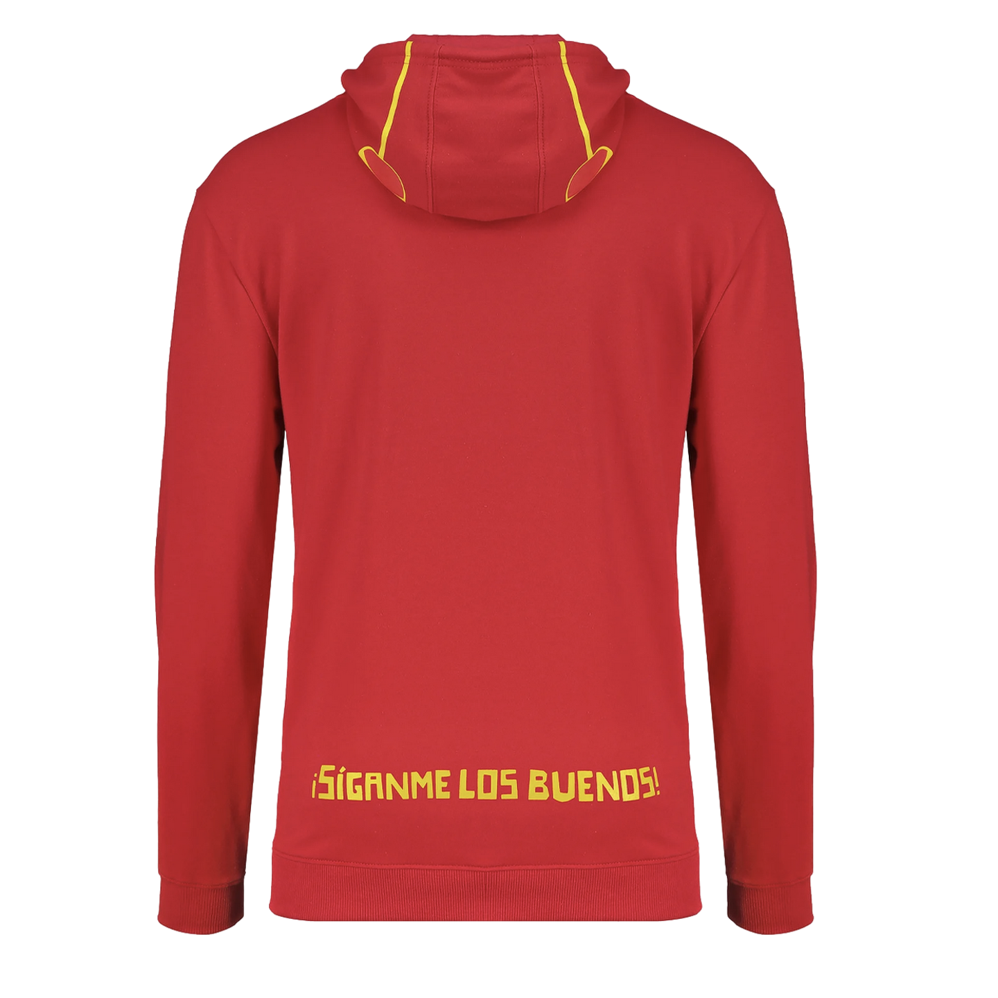 Back of a red hoodie featuring yellow text reading "¡SÍGANME LOS BUENOS!" at the bottom. The hood has two thin yellow lines resembling antennae.