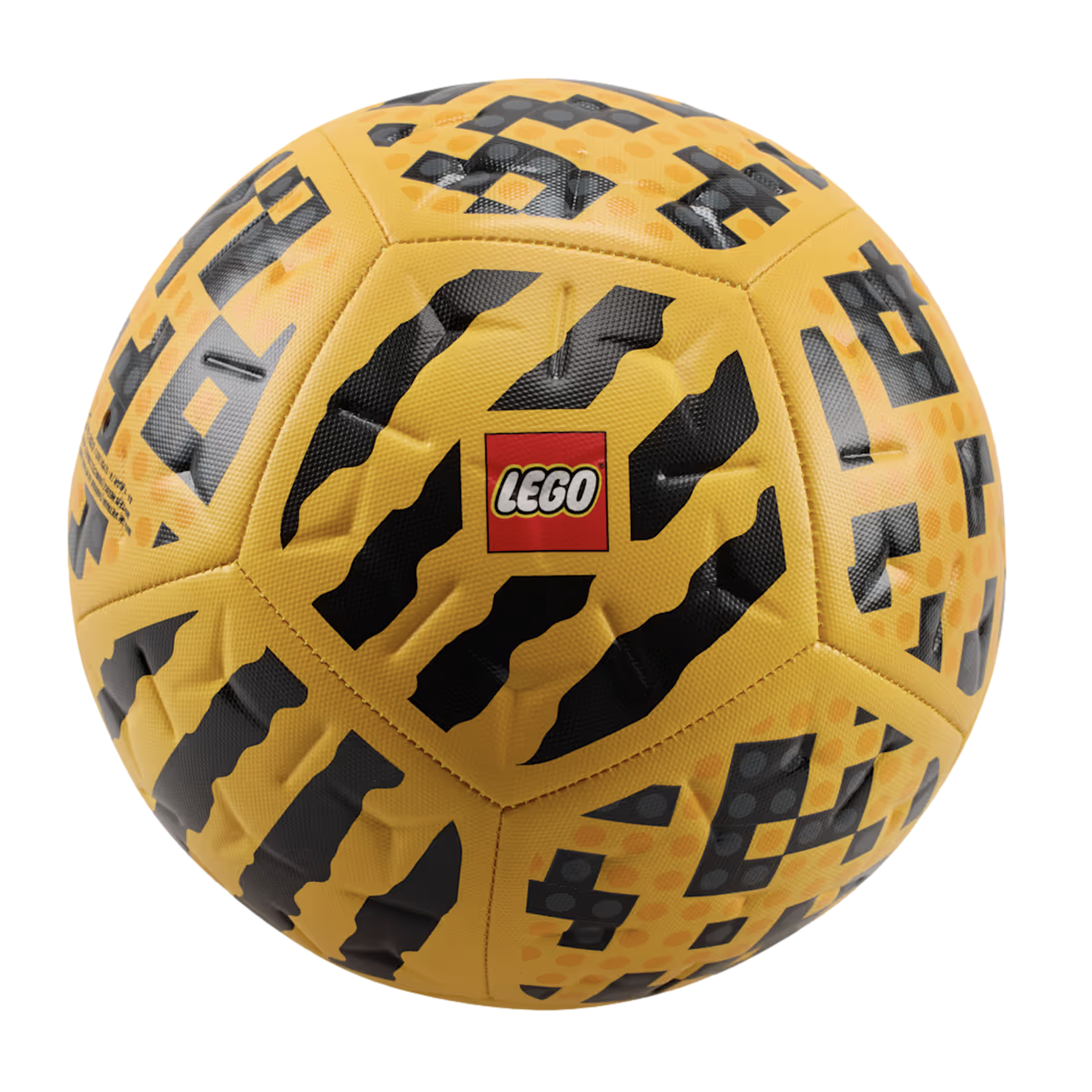 A yellow LEGO soccer ball with black abstract and pixelated patterns, featuring the red LEGO logo in the center.