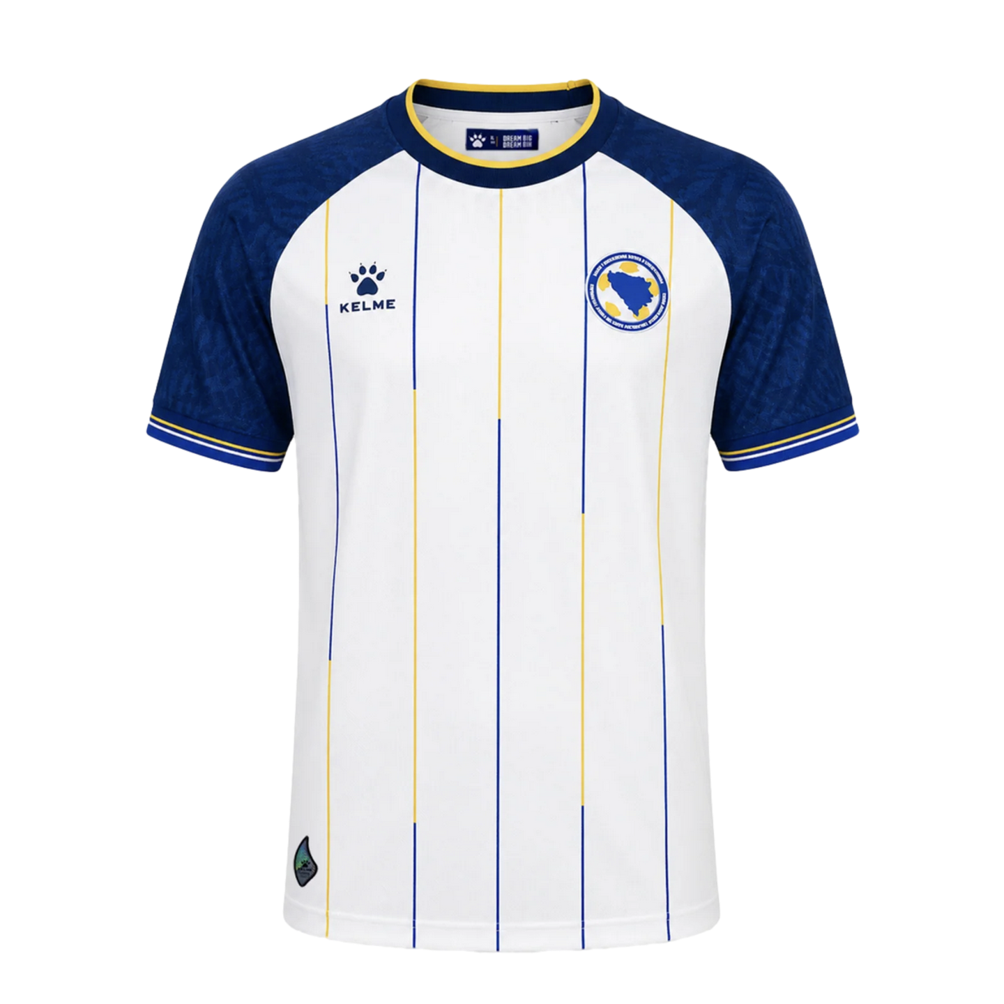 White football jersey with navy blue sleeves and thin yellow and blue pinstripes. Features the Bosnia and Herzegovina national crest and Kelme logo.