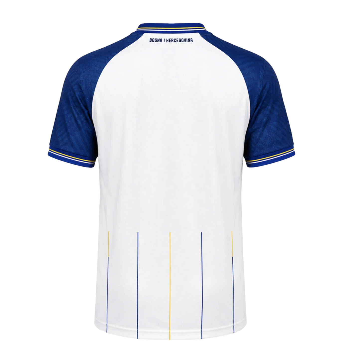 The back of a white Bosnia and Herzegovina soccer jersey with blue raglan sleeves, yellow and blue trim, and thin vertical pinstripes at the lower back.