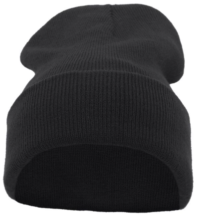 A black knitted beanie hat with a folded cuff, shown against a plain white background.
