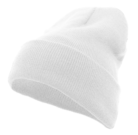 A plain white ribbed knit beanie hat with a fold-over cuff, isolated on a white background.