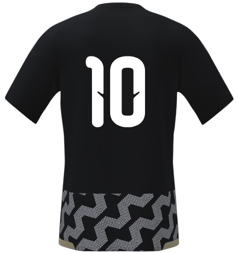 Back of a black jersey featuring a large white number "10" and a gray geometric zig-zag patterned band along the bottom hem.