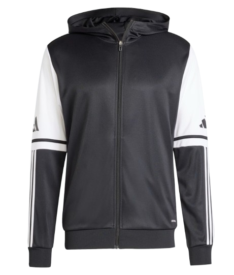 Black full-zip hoodie featuring white upper sleeve panels with the Adidas logo and classic three-stripe detailing on the lower sleeves.
