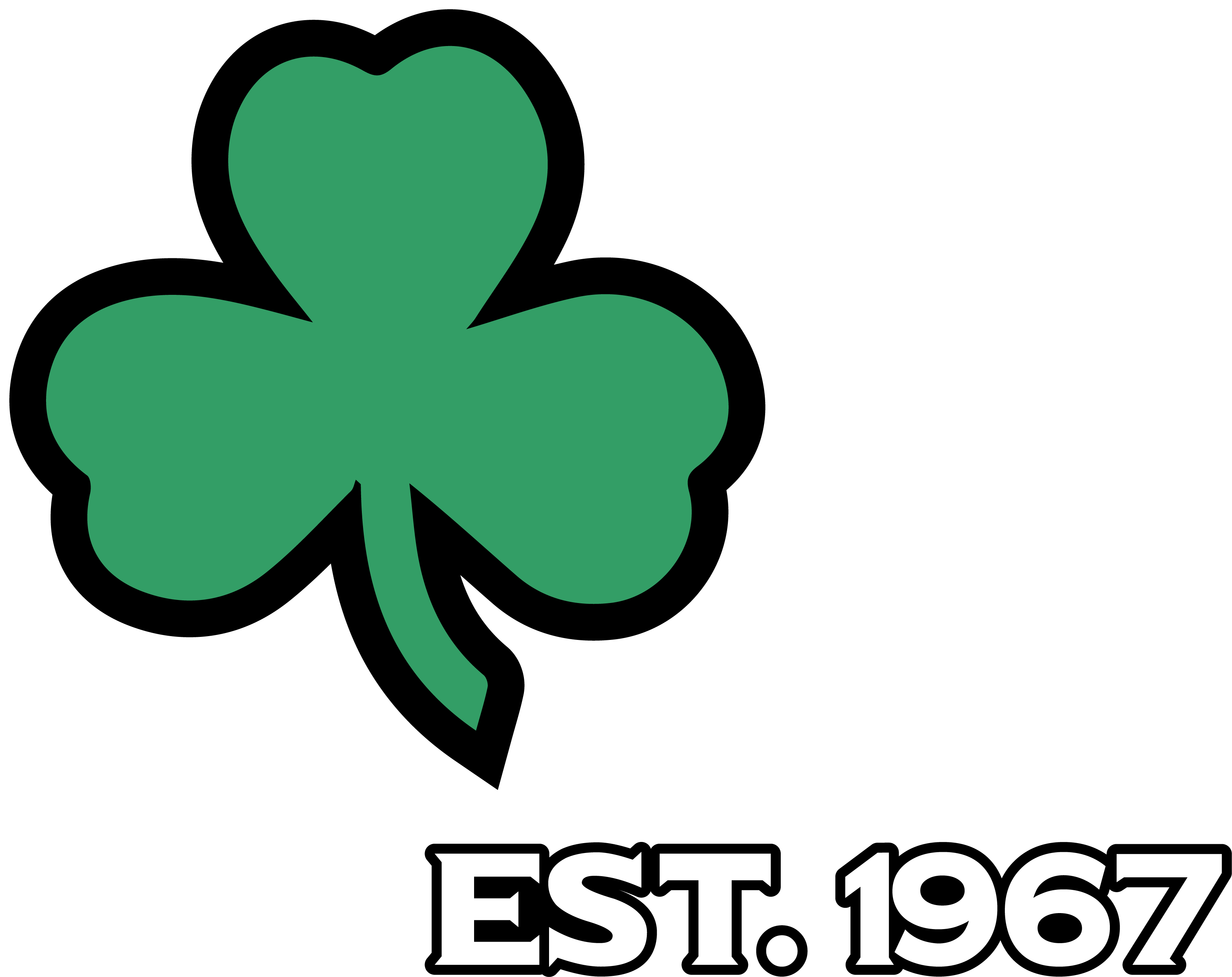 A green shamrock with a black and white outline above the white text "EST. 1967" on a black background.