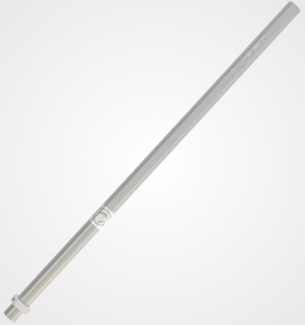A long, silver metal pole positioned diagonally on a white background, with a white collar at the bottom end and a small logo near the center.