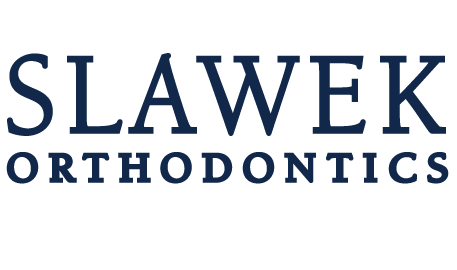 Slawek Orthodontics logo: the word "SLAWEK" in large dark blue serif font stacked above "ORTHODONTICS" in a smaller serif font.