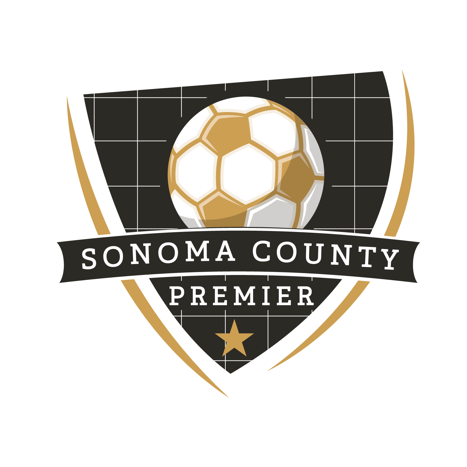 Logo for Sonoma County Premier featuring a gold and white soccer ball over a black shield with a gold star at the bottom.