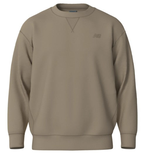 A taupe New Balance crewneck sweatshirt with a ribbed collar, cuffs, and hem, featuring a small logo on the chest and a V-stitch at the neck.