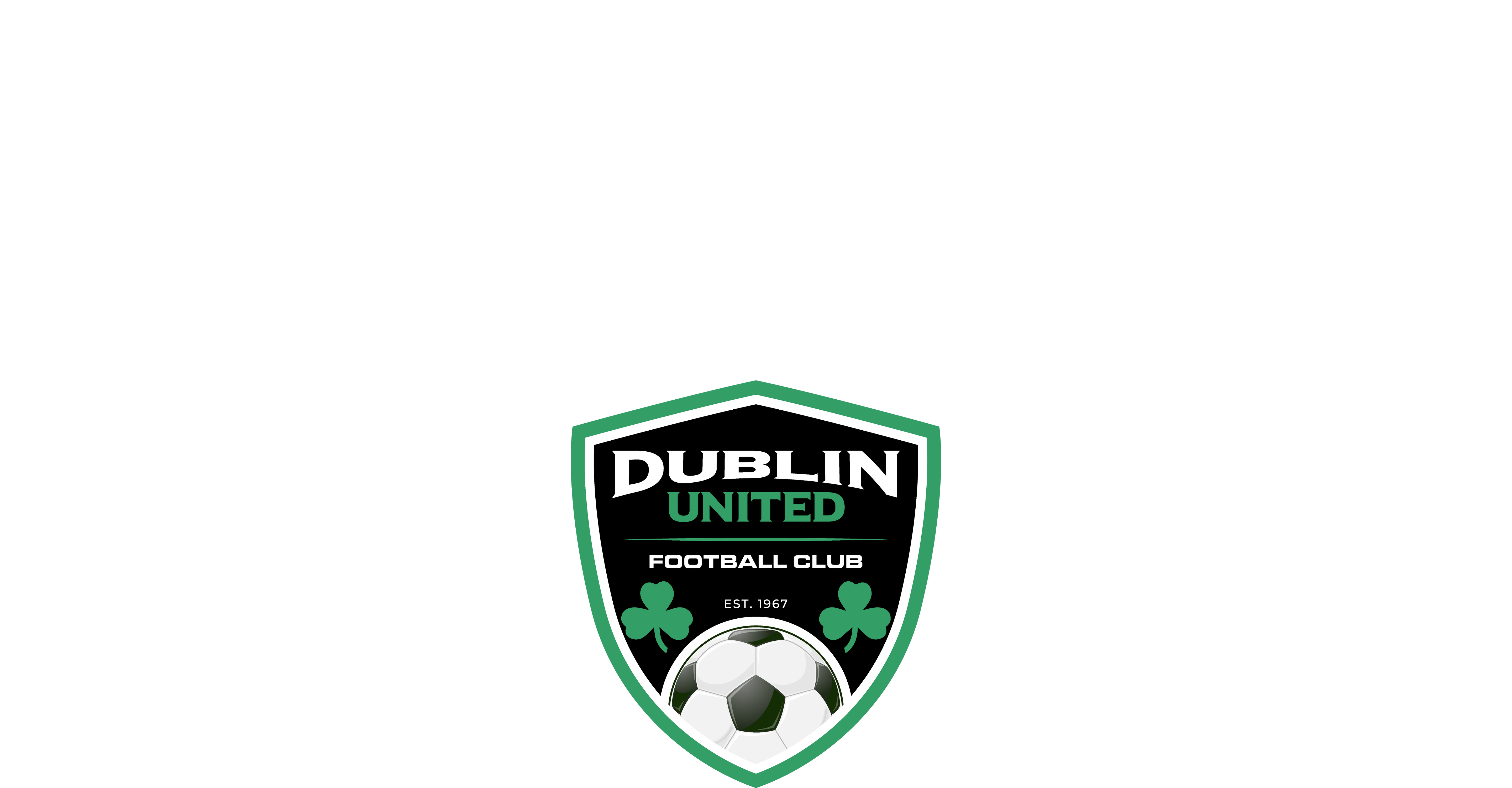 Dublin United Football Club graphic. Large white text "DUBLIN UNITED" above a shield logo with a soccer ball and shamrocks on a black and white striped background.
