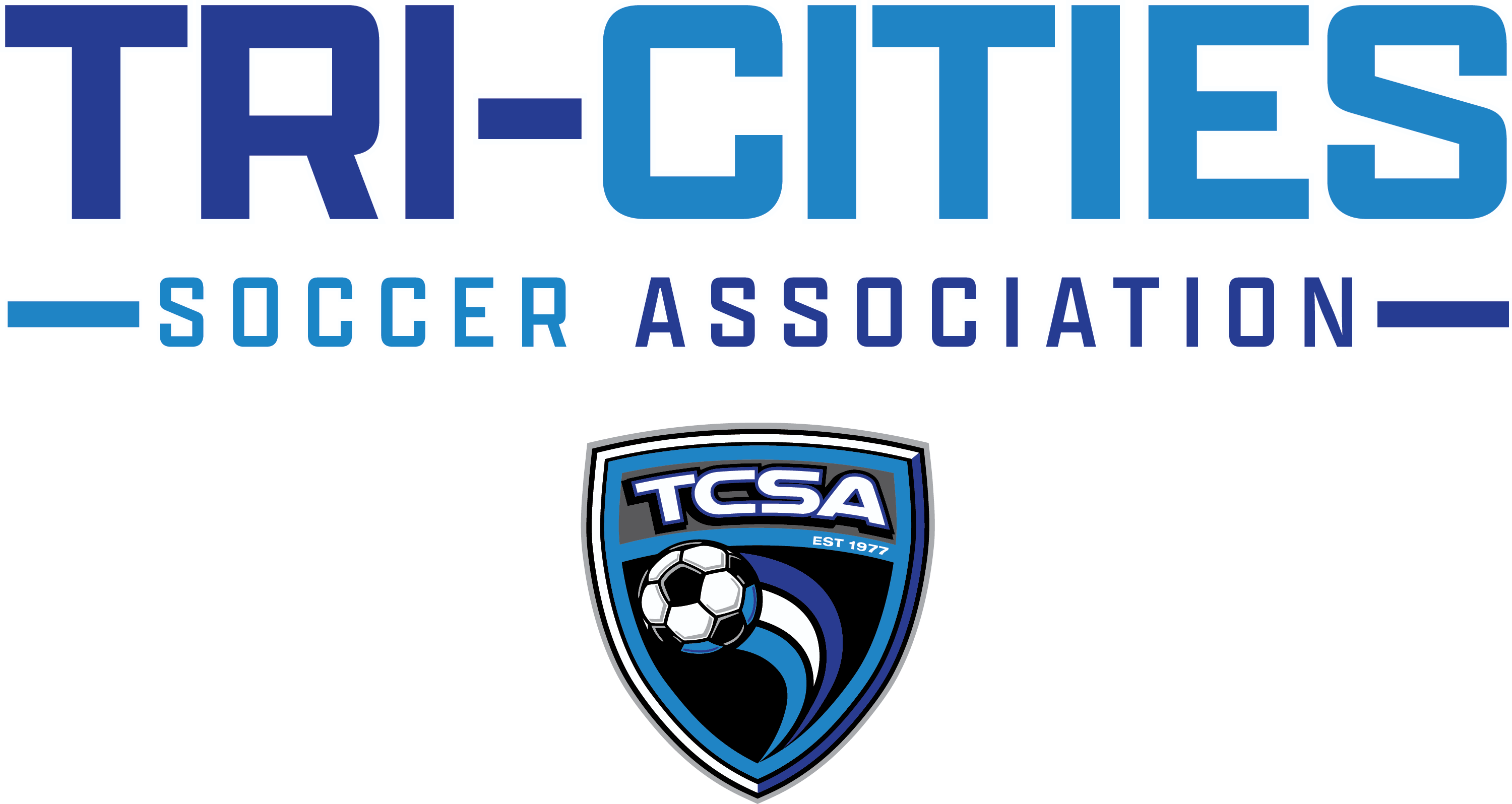 A logo for the Tri-Cities Soccer Association. The top line reads "TRI-CITIES" in bold blue text, with "SOCCER ASSOCIATION" on the second line. Below the text is a shield-shaped crest featuring the initials "TCSA," the year "EST 1977," and a stylized soccer ball with a blue and white motion trail.