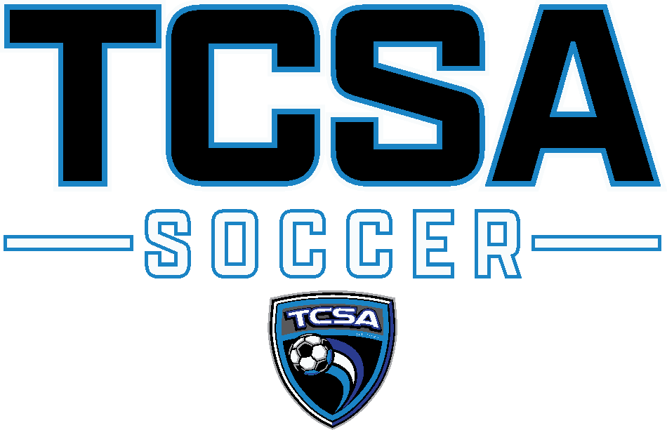 Logo for TCSA Soccer featuring bold black "TCSA" text with blue outlines above the word "SOCCER" and a shield crest with a soccer ball at the bottom.