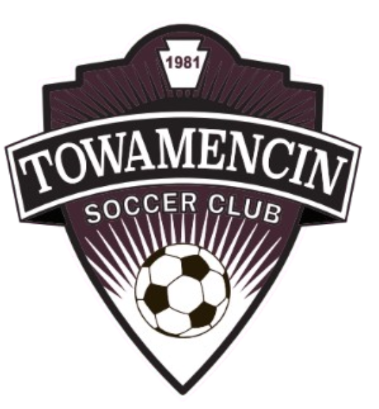 Towamencin Soccer Club logo: A maroon shield with a central name banner, a soccer ball with sunburst rays, and a keystone at the top with the year 1981.